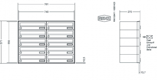 RENZ Briefkastenanlage Unterputz, Schattenfugenrahmen, Kastenformat 370x110x270mm, 10-teilig,